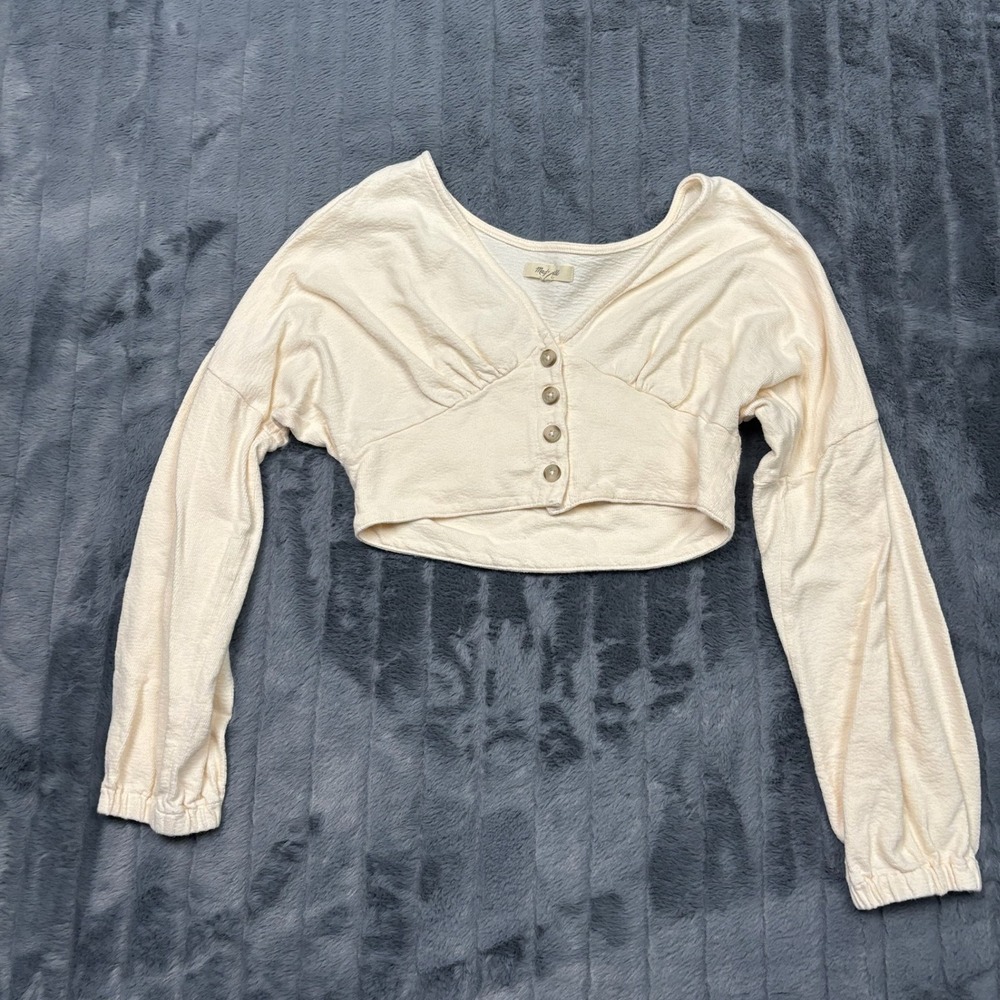 Madewell Womens Cream Textured Cotton Button Front Cropped Long Sleeve Top M